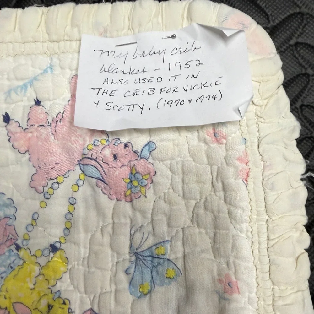 Quiltex Baby Blanket Infant White 1950s Vintage Poodle Print Quilted Ruffle READ